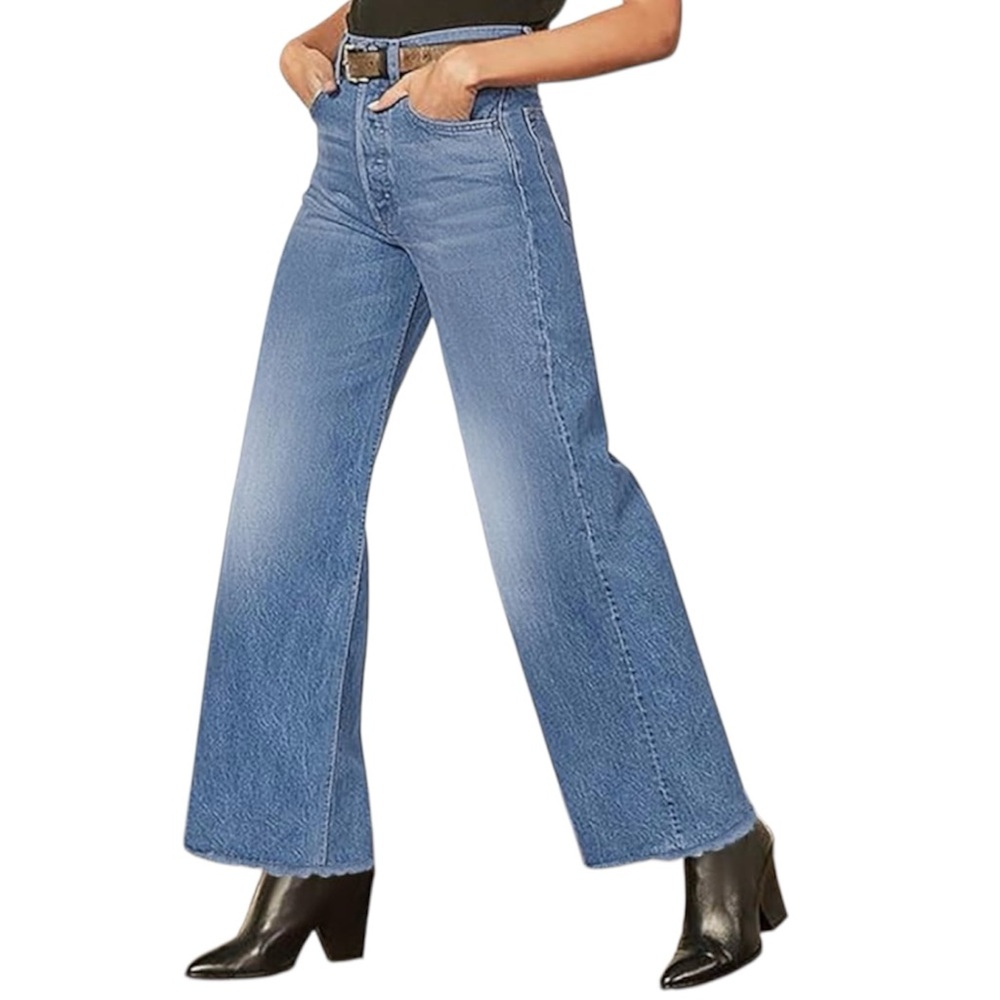 Amazon Jeans Mid Rise Wide Leg Soft Lightweight Denim Light Blue Womenโs Large